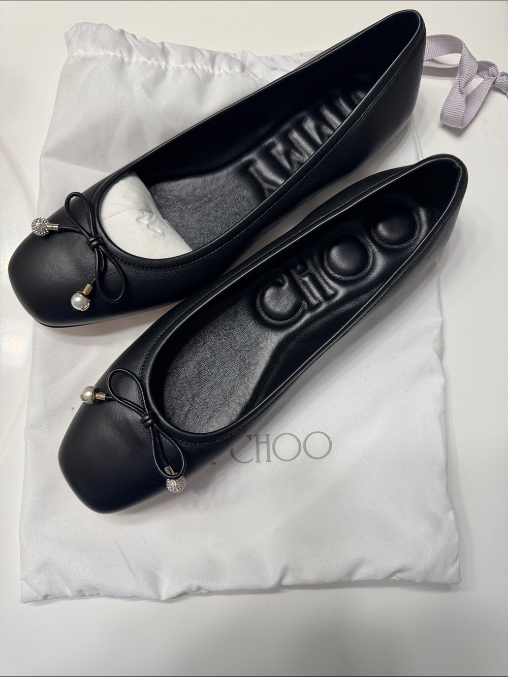 Jimmy Choo Black Leather Ballet Flats with Pearl-Embellished Bow
